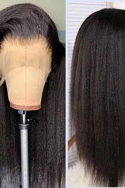 Naturlig, kinky, rett parykk med menneskehår – 4x4 gjennomsiktig blonde, forhåndsplukket hårlinje